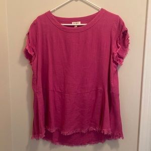 Linen hot pink shirt with frayed edges size small